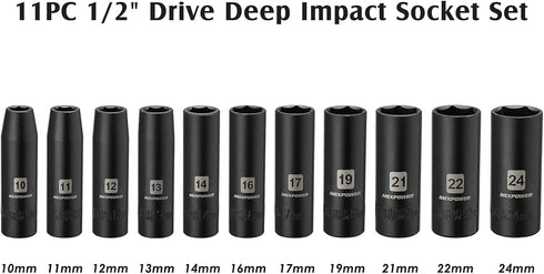 11-Piece 1/2-Inch Set, 6 10-24mm MIXPOWER Drive Deep Impact Socket CR-V, Metric, Point, Deep