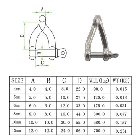 M6 Screw Pin Twist Shackle, Stainless Steel 304 D Ring Anchor Shackle for Rigging Accessories, Material Handling (Pack
