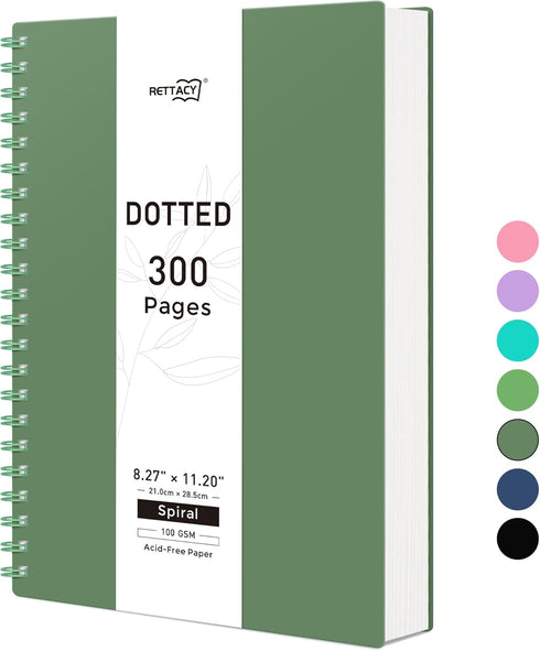 RETTACY Bullet Dotted Journal - A4 Dotted Grid Spiral Notebook, 300 Pages, 100 GSM Premium Acid-Free Paper, Dark Green