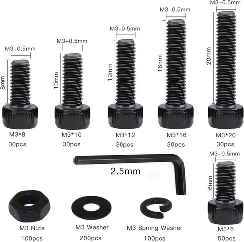 600PCS M3 Nuts and Bolts Assortment Set - Hex Nuts, Washers, Screws, Hex Socket Head Cap Screws - Alloy Steel with