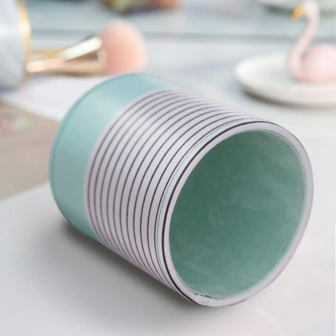 WAVEYU Pen Holder, Cute Multi-Purpose Desk Organizer, Luxury Leather Makeup Brush Holder, Mint Green Stripes