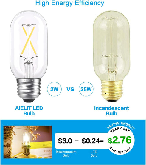 T45/T14 E26 Bulbs 25 Dimmable, 4000K, 2W Bulbs 6-Pack Light Watt Equivalent, Clear Natural White Daylight Tube LED