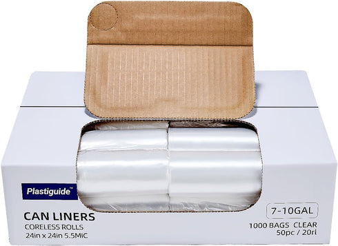 7-10 Gallon Clear Trash Can Liners, 24'' x 24'', Wholesale 1000 Count,