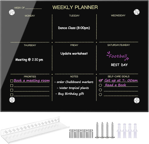 Okydoky 12" x 16" Black Glass Dry Erase Whiteboard, Frameless Weekly Board for Home, School, Office