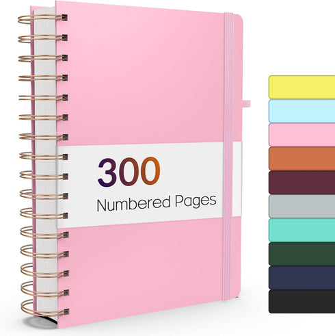 Forvencer A5 Lined Spiral Journal Notebook, 300 Numbered Pages, 100GSM Paper, Pink Hardcover for Work School