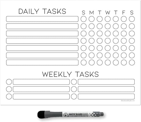 Dry Erase Whiteboard Task Planner by Glassboard Studio, Removable Adhesive Decal with Fine-Tip Magnetic Marker Included