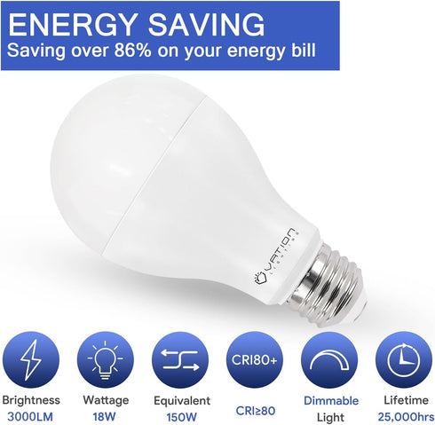 18W Bulb, A21 Dimmable Bulb, 2,5000 3000 150-200 5000K E26 Bulb, 4-Pack Super Bright LED LED Light Stable Heat