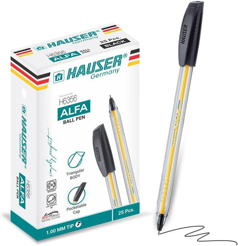 HAUSER ALFA Tricone Black Ballpoint Pens, 25 Pc, 1.00 MM Bold Pens for School, Office, and Craft Supplies