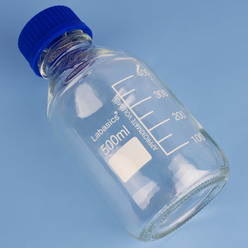 Round Media Storage Bottles with GL45 Blue Screw Cap, Borosilicate Glass Clear Wide Mouth Graduated Round Bottle