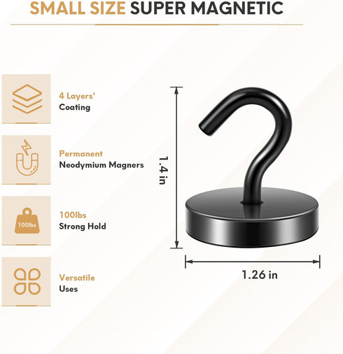 Neosmuk Black Magnetic Hooks, 120lb Heavy Duty Earth Magnets with Hook for Refrigerator, Extra Strong for Hanging