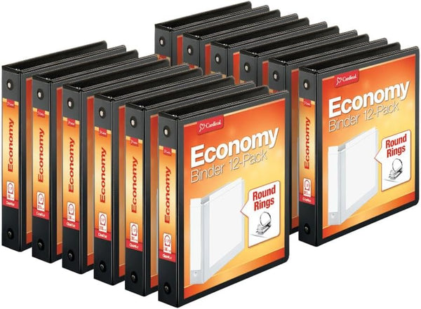 Cardinal Economy 3-Ring Binders, 1.5", Round Rings, Holds 350 Sheets, Non-Stick, Black, Carton of 12