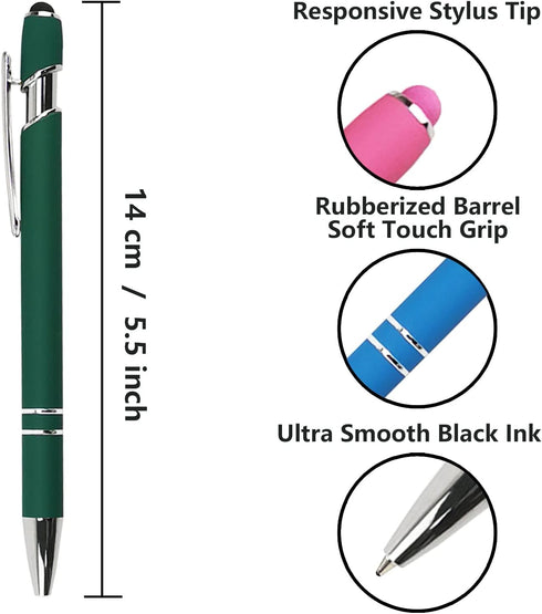 Ballpoint Pen with Stylus Tip, Soft Touch Click Metal Pen, 1.0mm Medium Point, Black Ink, 12 Count(Dark Green) by Oddmoal