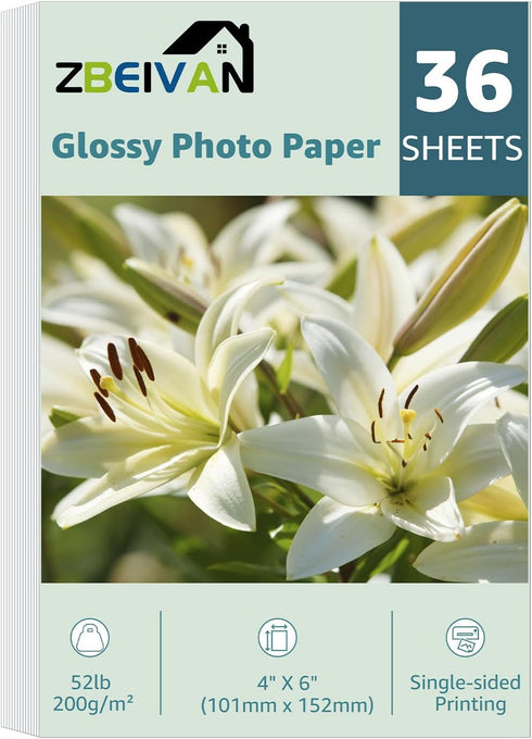 ZBEIVAN 4x6 Photo Paper, Glossy Photo Papers 36 Sheets, 4 x 6