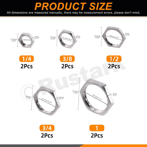 10Pcs 304 Stainless Steel Hex Female Thread Locknut Assortment Kit, 1/4 to 1 Inch NPT Hex Locknuts for Plumbing