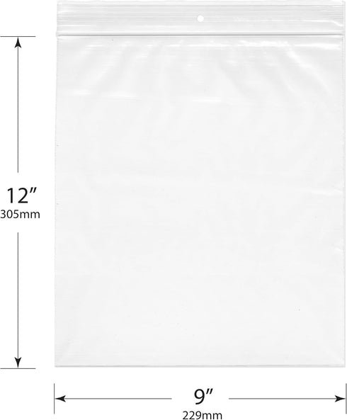 Plymor 9" x 12" Reclosable Plastic Bags (Pack of 200), 2 Mil with Hang-Hole Zipper