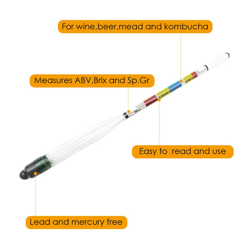 Triple Scale Alcohol Hydrometer (2 pcs) and Test Jar for Home Brew, Wine, Beer, Cider - Combo Set
