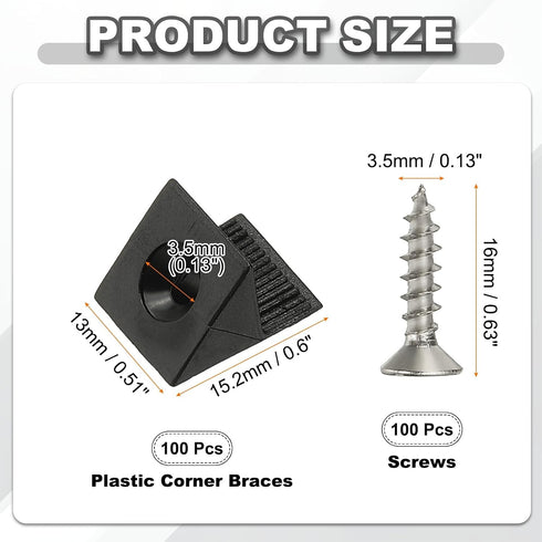100 Closet PATIKIL Plastic Corner Braces, Pcs Black L-Brackets Furniture Angle Code Bracket with Screws for Wood Shelf