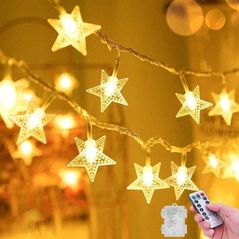 YoTelim 33FT Star String Lights, Battery Operated Waterproof 100 LED Fairy Christmas Lights with Remote Control, Warm