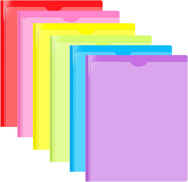 Heavy Duty Plastic Folder with Clear Front Pocket, 6 Pack, Assorted Colors, 3 Prong Folders with Pockets for Letter Size