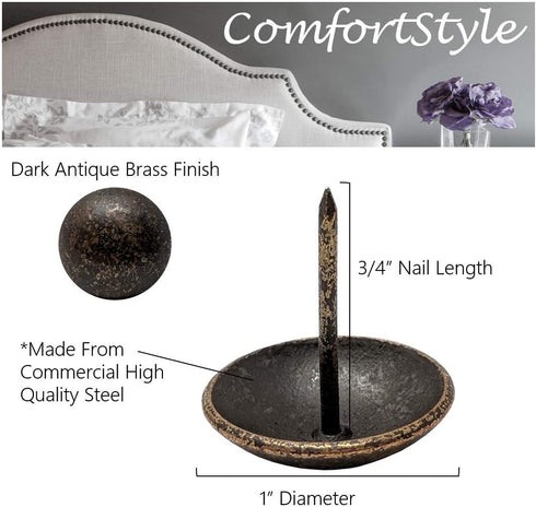 Premium Upholstery Tacks, 1-inch Diameter Nailhead Pins, Large Decorative Trim for Furniture (50, Dark Antique Brass)
