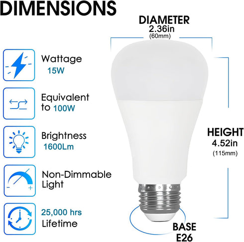 LED Light Bulb, A19 100W Equivalent, Efficient 15W, 1600 Lumens, Daylight 5000K, E26 Standard Base, Non-Dimmable, 2 Pack