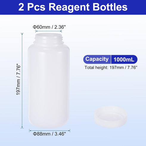 PATIKIL 2 Pcs 1000ml Reagent Bottles, PE Wide Mouth Round Graduated Bottles with Screw Cap for Lab Water Reagent Liquids Solid Sample Storage Seal, Transparent White by PATIKIL