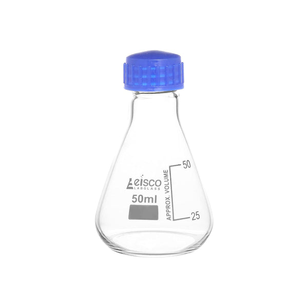 EISCO Erlenmeyer Flask, 50ml - Borosilicate Glass - with PTFE Screw Cap - Conical Shape - White Graduations