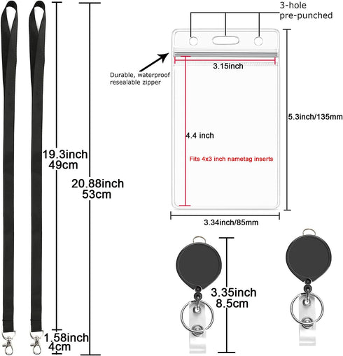 YOUOWO Black Lanyards with ID Badge Holder, 4x3 Vertical and Retractable Badge Reel Protector, 2 Pack