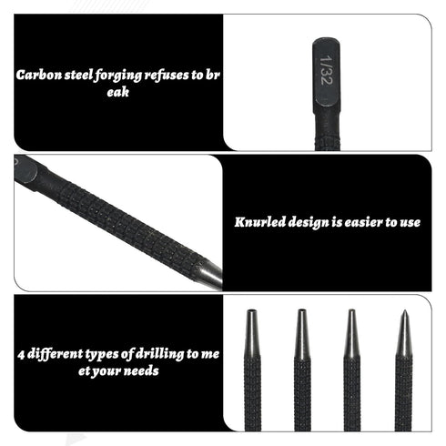 Generic 4-Piece Set, 1/32-4/32 inch 1/32", 2/32", 3/32", 4/32" Center Punch Metal Nail Punch Kit, Sizes,Drilling Holes