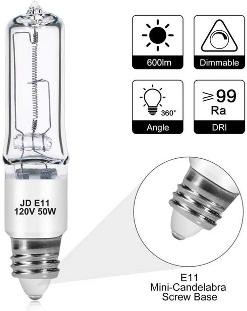 4-Pack JDE11 120V 50W Bulbs, E11 T4 Bulb, 600LM 2700K Dimmable Halogen Mini Candelabra Base Light Warm White