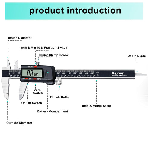 Kynup Caliper Measuring Tool, Digital Micrometer Caliper with Stainless Steel, Large LCD Screen, Auto-Off Feature