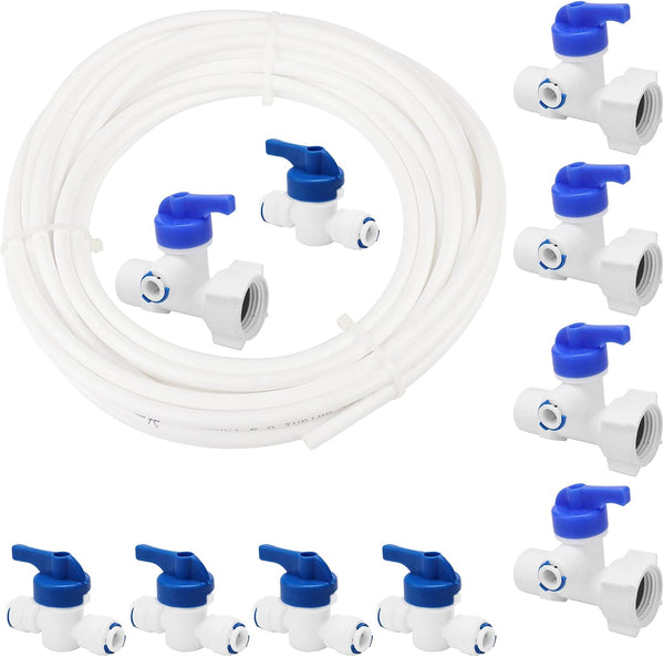 5 Pack Tee Quick Connect Valve 19mm to 6.5mm + 5 Pack 6.5mm Ball Valve for PE Pipes, 10M 1/4" Water Supply Tube