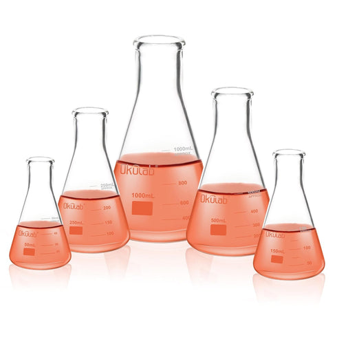 Glass Erlenmeyer Flask Set, Borosilicate Glass 3.3, Includes Vol. 50, 150, 250, 500, 1000ml, Printed Graduation