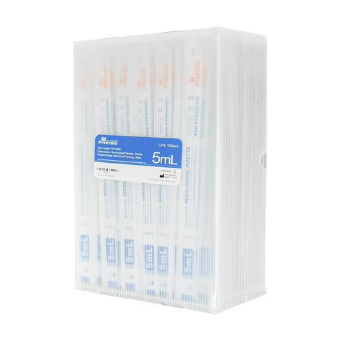Polystyrene Serological Pipettes, 5ml Graduated Plastic Pipette, Individually Wrapped Sterile, Pack of 100