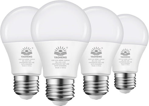 A19 LED Light Bulb, 4-Pack, 75W Equivalent, 11W 4000K Neutral White, 1100 Lumens, Non-Dimmable