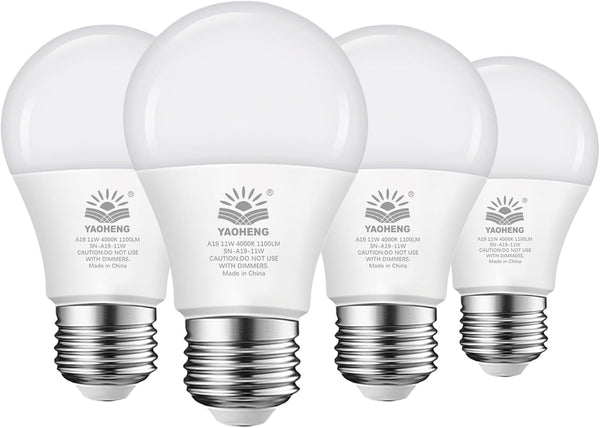 A19 LED Light Bulb, 4-Pack, 75W Equivalent, 11W 4000K Neutral White, 1100 Lumens, Non-Dimmable