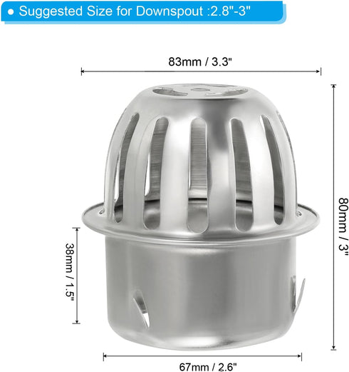 PATIKIL Dome Gutter Guard Filter, 2 Pack 304 Stainless Steel Downspout Strainer, Anti-Blocking Outdoor Gutter Cleaning Tool for Stops Leaves Debris, Fits 2.8-3 Inch