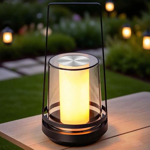 Dimmable Black Touch Table Lamp with Dynamic Flame Effect - Portable, Rechargeable Bedside Lamp, Tap for Flickering