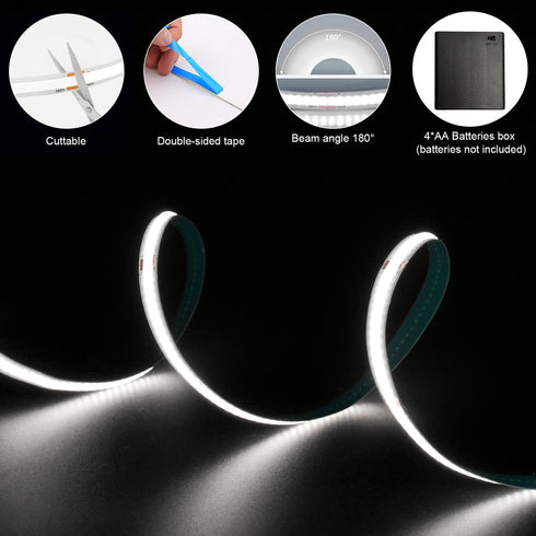 Smacen 4.92Ft 6000K Battery Powered COB Led Strip Lights, Battery Operated Cool White LED Strip Light, High Brightness
