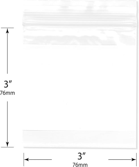 Plymor 3" x 3" Reclosable Plastic Bags, Pack of 200, 2 Mil with White-Block Zipper