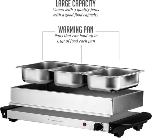 OVENTE Electric Buffet Server and Food Warmer, Three 1.5 Quart Chafing Dish Set with Stainless Steel Tray