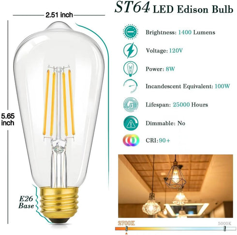 4-Pack Vintage 8W ST64 LED Edison Light Bulbs 100W Equivalent, 1400LM E26 Light Bulbs, 2700K Warm White, Antique Filament LED Bulbs, CRI 90+, Clear Glass, Great Bulbs for Home, Bedroom, Non-Dimmable by Brightever