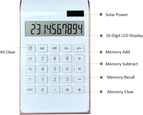 Solar Gold Calculator, Standard Function Desktop Calculator, 10-Digit LCD for Office and Home (Rosegold)