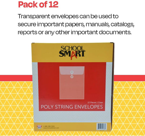 School Smart Top Loading Polypropylene String Envelopes, Letter Size, Pack of 12, Clear
