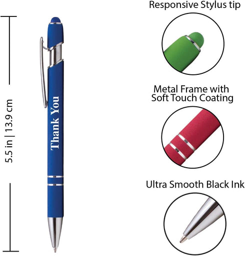 Thank You Premium Gift Stylus Pens for All TouchScreen Devices, Metal Soft Touch 2 in 1 Combo Pen (20 Pack)