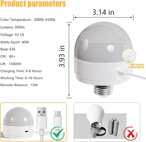 MXhme E26 2.4Ghz Bulb Bulb E26 Fixture,Dimmable 3000K-6500K RGBWW,1Pack Rechargeable Light with Remote Control,Battery