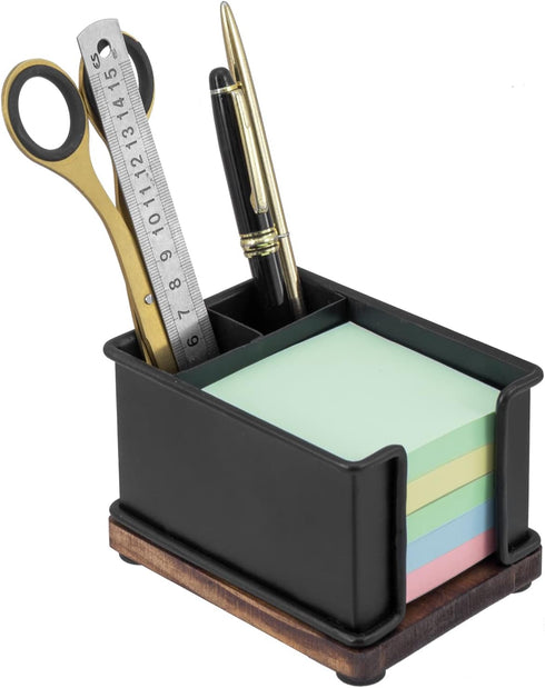 MyGift Modern Industrial Matte Black Metal Office Organizer, Sticky Note Holder with Rustic Solid Wood Base