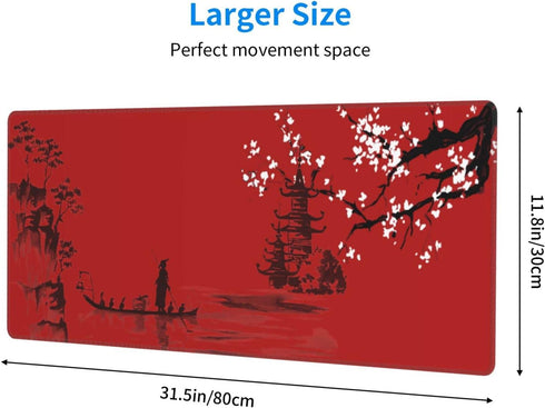 Large Red Mouse Pad XL, Japan Cherry Blossom Extended Anime Gaming Pad, Non-Slip Rubber Base, 31.5'' X 12''