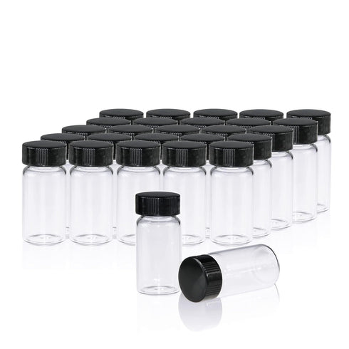 20 PCS 20ML Clear Small Liquid Sample Glass Vials with Screw Caps, Leak-Proof Vial, 24-414 Black Screw Cap