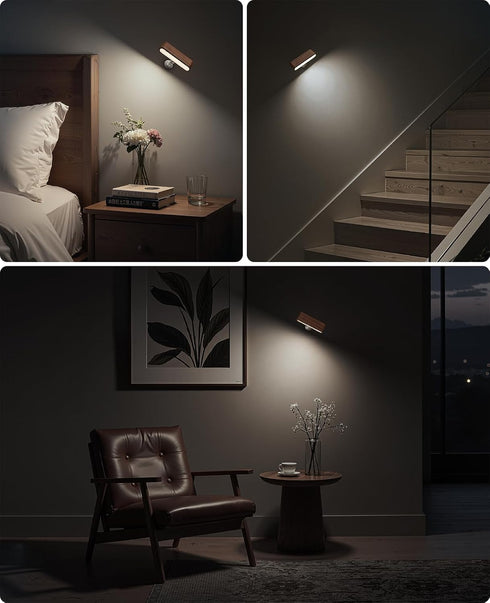 360Rotate (1 Pack Wood LED Wall Sconce Magnetic Wall Mounted Lamp Brightness Adjustable Night Lights Rechargeable